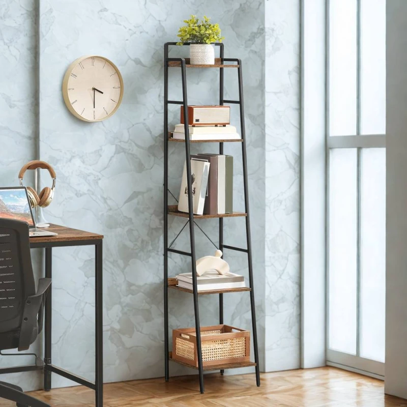 Image of FURNOS 5 Tier Freestanding Bookcase Ladder Shelf Rustic Brown Brown Unisex