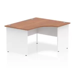 image of Impulse 1400mm Right Crescent Desk Walnut Top White Panel End Leg