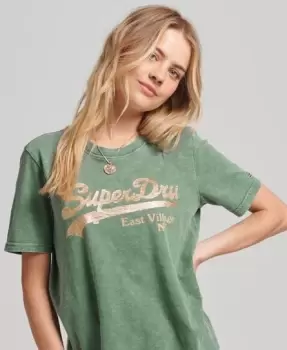 Image of Superdry Womens Embellished Graphic Logo T-Shirt Green / Dark Grey Green - Size: 10
