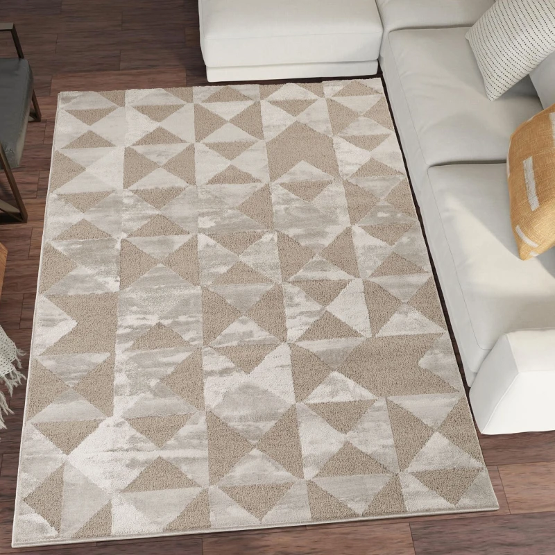 Image of Hamilton Modern Metallic Sheen Area Rug - Mosaic Geometric Triangle Design Mocha 60Cm X 220Cm