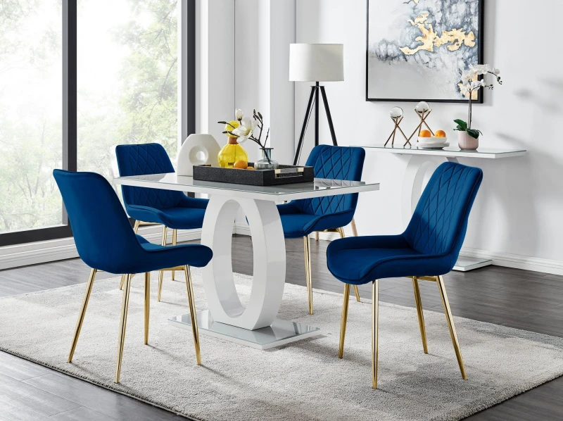 Image of FurnitureboxUK FurnitureboxUK Giovani 4 Grey Dining Table & 4 Pesaro Gold Leg Chairs in Navy Navy One Size Unisex 5056542664779