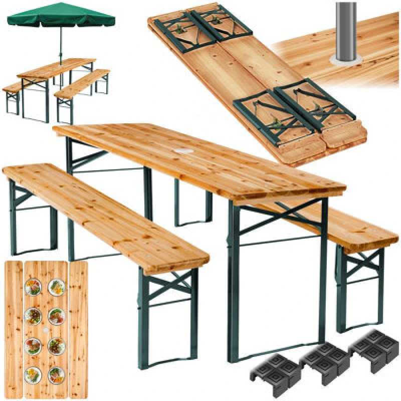 Image of Tectake Picnic Table And Bench Set Ludwig - 2 Benches, Table With Parasol Holder, Foldable - Brown