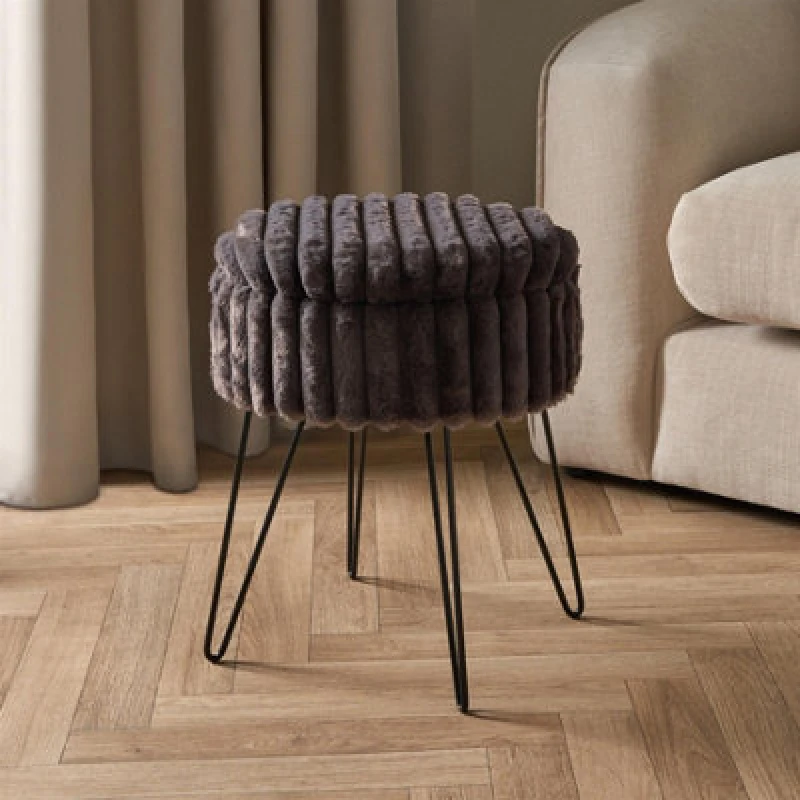 Image of OHS OHS Faux Fur Stool Hairpin Ribbed Fleece Round Vanity Seat Cushioned Foot Rest Chair in Charcoal Charcoal One Size Unisex 5027434198214