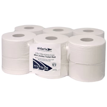 image of Andarta 01-019 2Ply 150m 62mm Core Mini Jumbo Toilet Roll - Pack Of 12