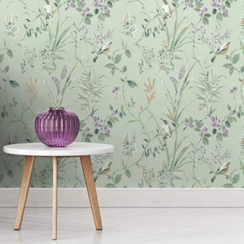 Image of FINE DECOR Floral Birds Wallpaper Mint Plum Metallic Flower Shimmer Fine Decor Mariko WL-M1552