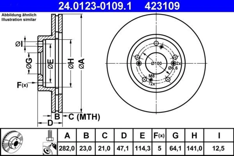 Image of ATE 24.0123-0109.1 Brake disc Vented, Coated, with bolts/screws Brake Disc (82)