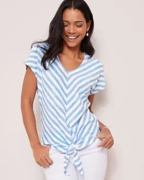 image of Cotton Traders Womens Stripe Tie-Front Jersey Top in Blue