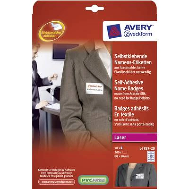 Image of Avery-Zweckform Avery-Zweckform L4787-20 Name stickers 80 x 50 mm White 200 pc(s) Removable L4787-20