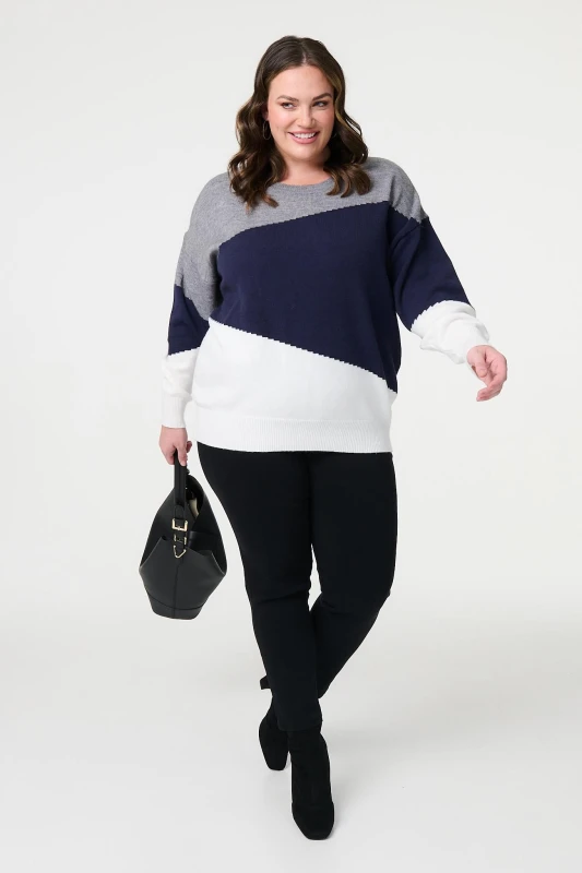 Image of Izabel London Womens Colour Block Relaxed Knit Sweater in Navy Size: 10 Navy Female 10