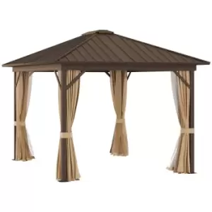 image of Outsunny 3.6 X 3(m) Metal Backyard Hardtop Gazebo With Screened Curtain - Brown