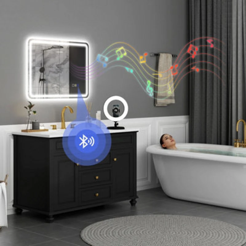 Image of HOMCOM HOMCOM 600 x 800 mm Illuminated Bathroom Mirror with Bluetooth Clock Silver Size: 800mm x 600mm Silver 800mm x 600mm Unisex 5063603933477
