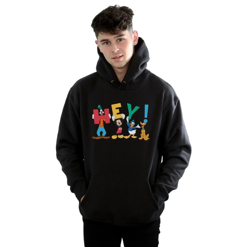 Image of Disney Men Mickey Mouse Friends Hey Hoodie in Black Size: Small Black S Male 5059114164554