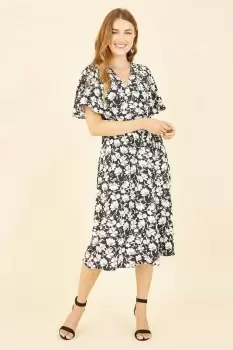 image of Black Floral Wrap Midi Dress