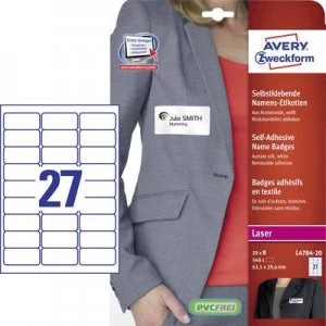 Image of Avery-Zweckform L4784-20 Labels 63.5 x 29.6mm Acetate silk White 540 pcs Removable Name stickers, Fabric labels Laser