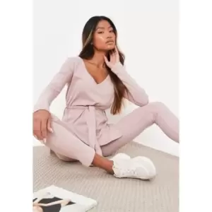 Missguided Petite Tie Waist Ls Tshirt Legging Set - Pink