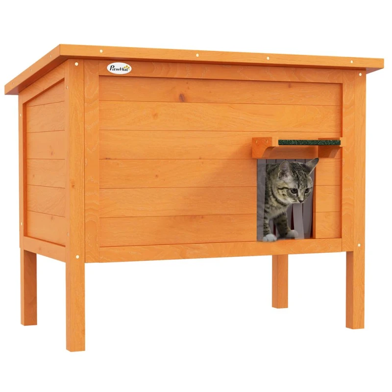 Image of PawHut Cat House, Outdoor Insulated Feral Cat House w/ Removable Floor - Orange Orange