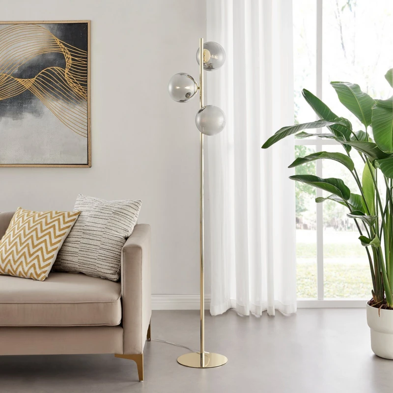 Image of FurnitureboxUK FurnitureboxUK Lazio Brass Plated Art Deco Tree Floor Lamp With 3 Smoked Glass Globes in Gold Gold One Size Unisex 5056542694363