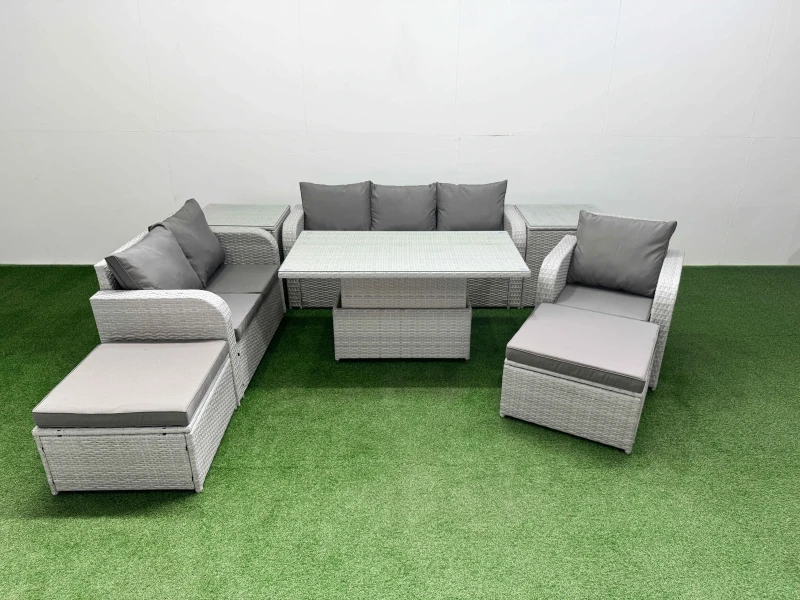 Image of Fimous Patio PE Wicker 8 Seater Outdoor Rattan Furniture Sofa Sets with Adjustable Lifting Dining or Coffee Table2 Big Footstools 2 Side Table