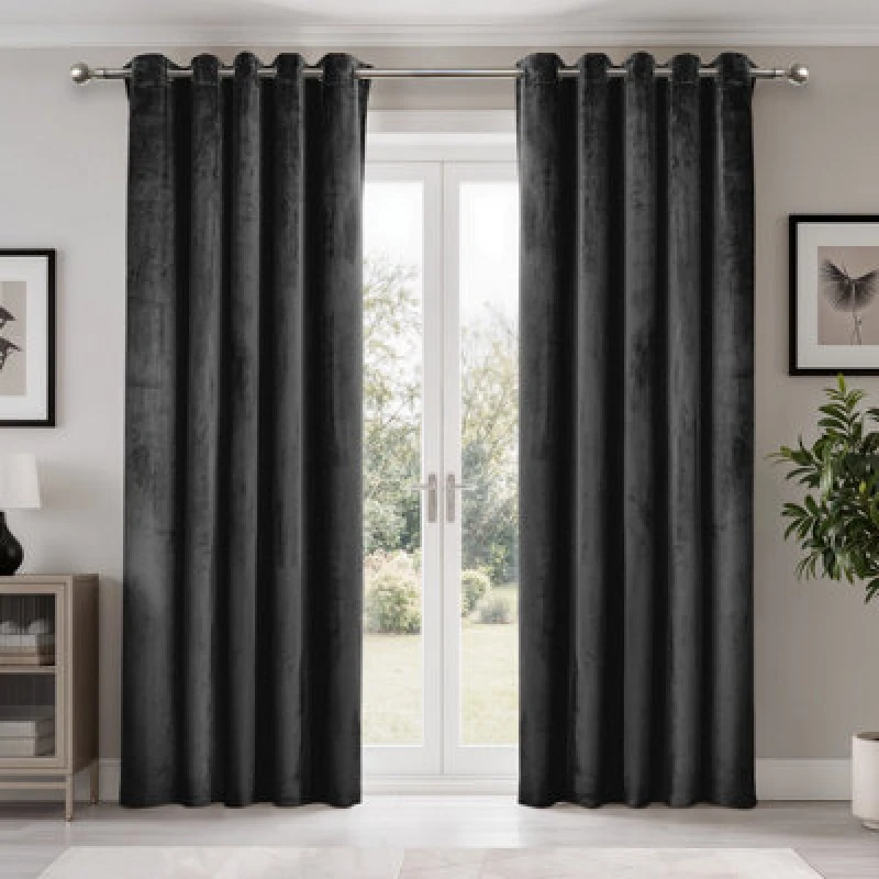 Image of Emma Barclay Dusk Blackout Velvet Eyelet Curtains, Black - 46 X 54" Pair