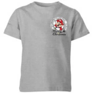 Image of Nintendo Super Mario Mario Merry Christmas Pocket Wreath Kid's T-Shirt - Grey - 11-12 Years