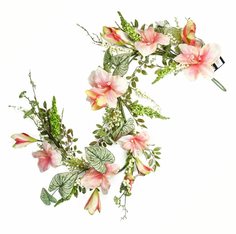 Image of Leaf 180cm Artificial Hanging Pink Lily Plant Realistic Garland Trailing Green