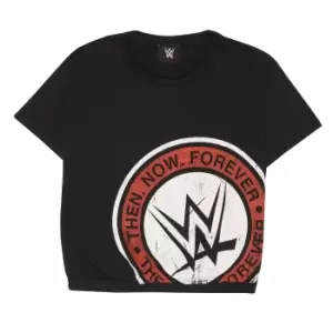 Image of WWE Womens/Ladies Then Now Forever Logo Crop T-Shirt (XL) (Black)