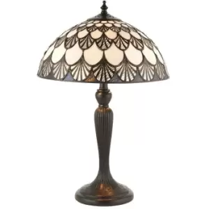 image of Tiffany Glass Table Lamp Light Dark Bronze & Retro Cream Scallop Shade i00222