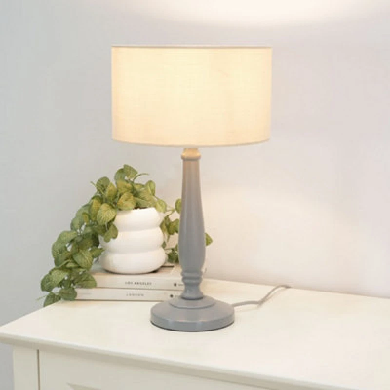 Image of ValueLights Victoria Grey Wood Traditional Table Lamp with Fabric Drum Shade and LED Bulb Natural