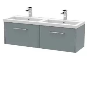 image of Hudson Reed Juno 1200mm Wall Hung 2 Drawer Vanity & Double Polymarble Basin - Coastal Grey