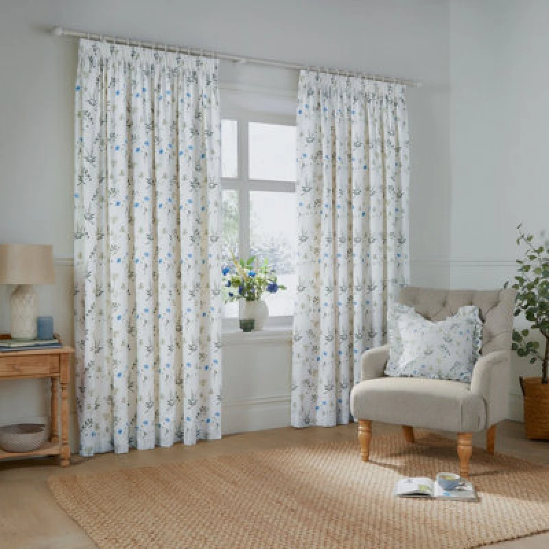 Image of Wylder Nature Meadow Room Darkening 100% Cotton Pencil Pleat Curtain Pair White/cornflower (W)117Cm X (D)137Cm