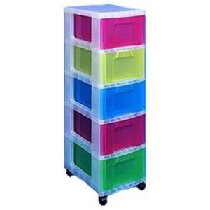 image of Really Useful Polypropylene 5 Drawer Storage Tower 5 x 12 Litre Ref DT1 9214 Clear with Assorted Coloured Drawers