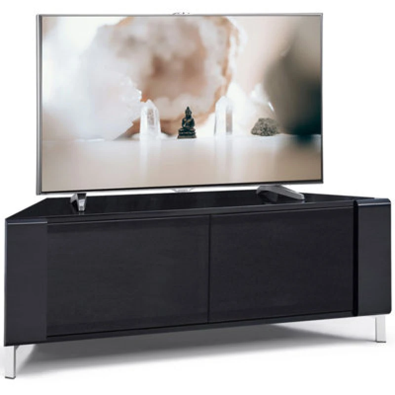 Image of Mda Designs Corvus Corner-Friendly Black Cabinet With Beamthru Glass Doors For Flat Screen Tvs Up To 50"