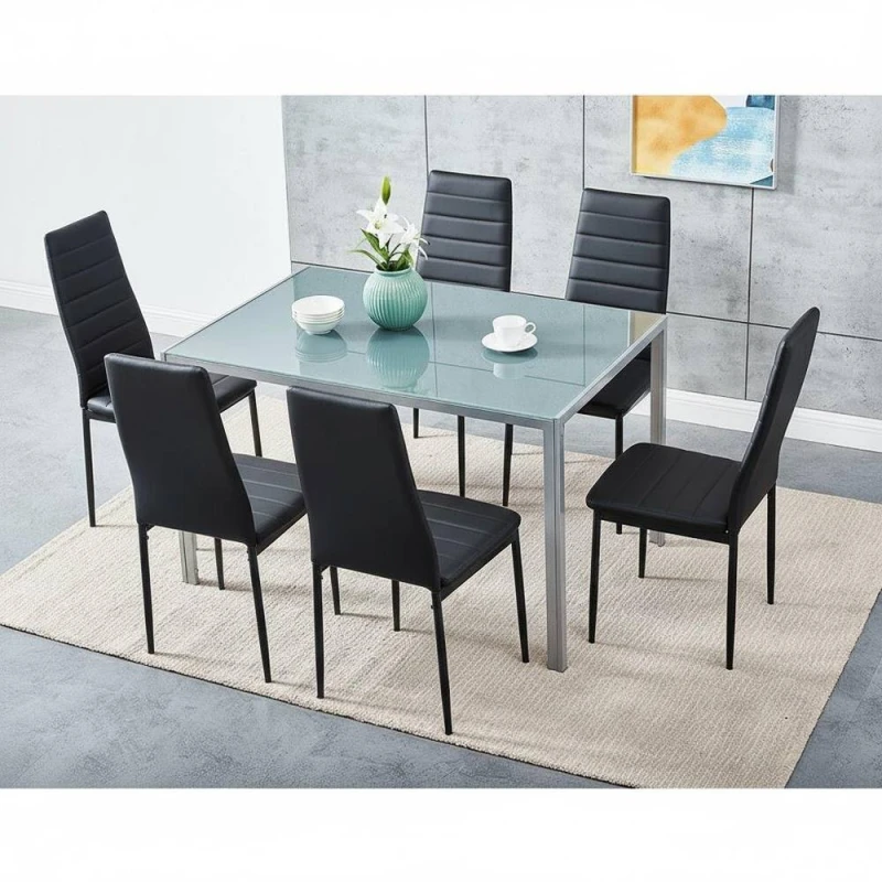 Image of KOSY KOALA Grey Glass Table Set With 6 Black Metal Chair Kitchen Dining Furniture Size: 120cm x 70cm Grey Unisex 120cm x 70 cm