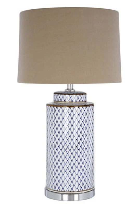 Image of Orsina Blue And White Ceramic Table Lamp, Geometric Diamond Pattern Base With Grey Linen Shade, Boutique Lighting