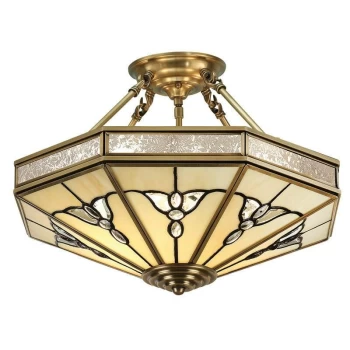 image of Interiors 190003P46 - 4 Light Semi Flush Ceiling Light Antique Brass, Tiffany glass, E27