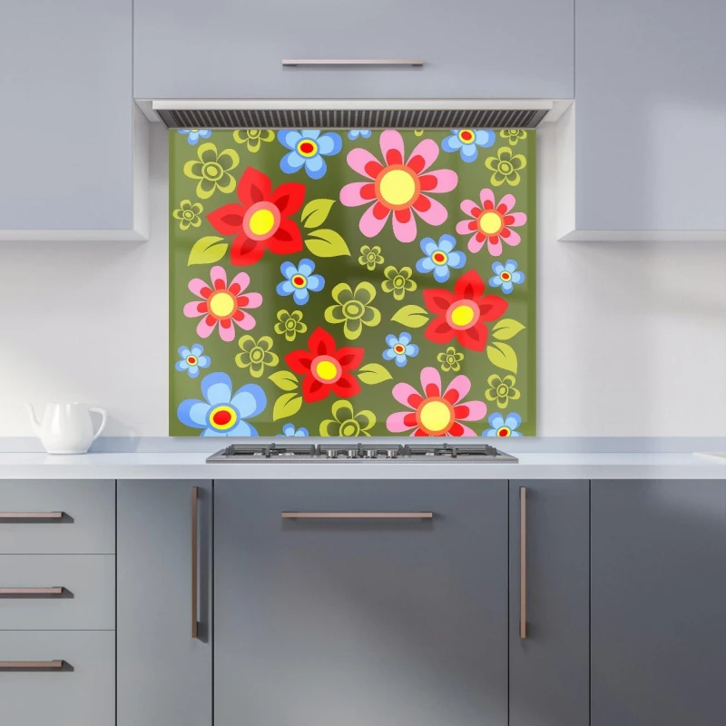 Image of Warren Reed - Designer Red & Blue Flowers Kitchen Splashback in Green Size: 600mm x 750mm Green Unisex 600mm x 750mm