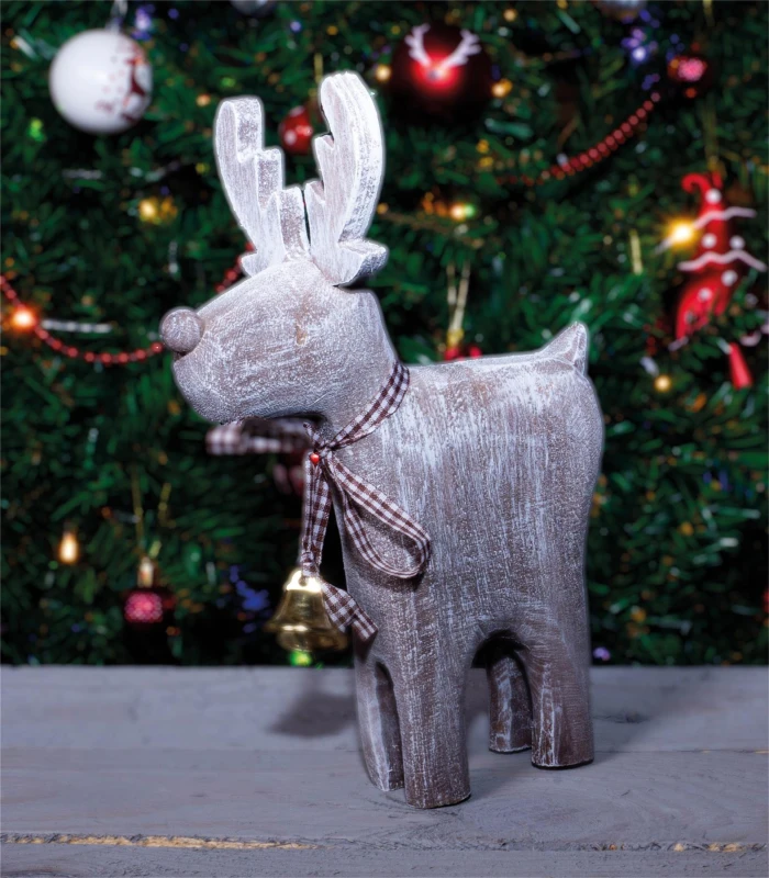 Image of St Helens Rustic Wooden Christmas Reindeer Decoration Ornament ELV-901134