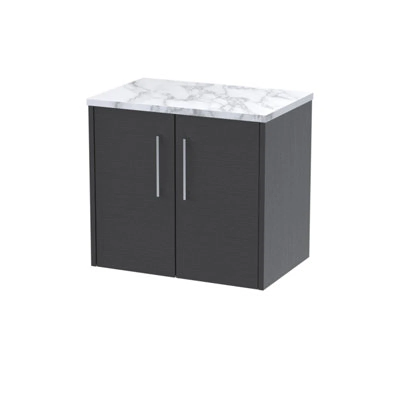 Image of Nuie Hudson Reed Juno Wall Hung 2-Door Vanity Unit & Carrera Marble Worktop, Countertop Basin Unit In Graphite Grey Woodgrain, 600mm
