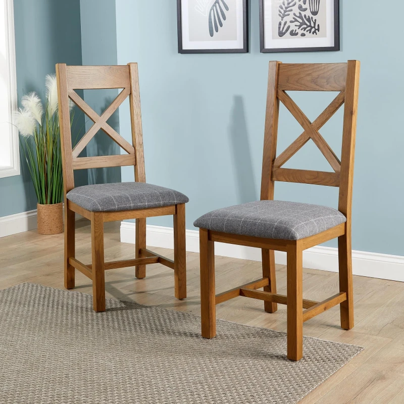 Image of Home Source Holcombe Pair Of Assembled High Cross Backed Dining Chairs Grey Checked Seat Solid Oak Legs