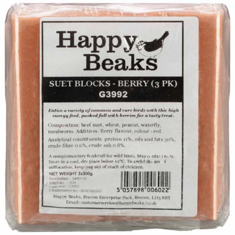 Image of Garden Gear Premium High Energy Suet Blocks Berry Flavour Garden Bird Feed Treat Happy Beaks (6 Pack)