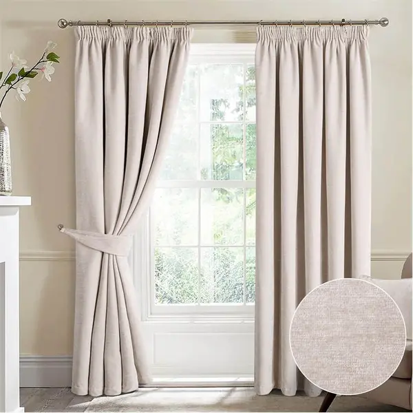 Image of Home Curtains Camden Heavyweight Chenille Pencil Pleat Curtains - Beige 45x54