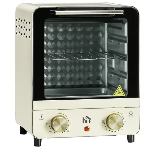 image of HOMCOM Convection Mini Oven, 15L Electric Oven & Grill w/ Adjustable Temperature, Timer, Baking Tray, Wire Rack, Crumb Tray, 1000W, Cream White