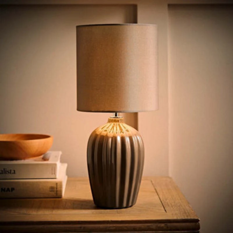 Image of Valuelights Carbone Grey Fluted Ceramic Bedside Table Lamp With A Fabric Lampshade And Bulb