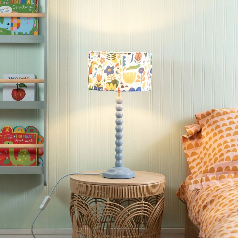 Image of ValueLights Bobbins Powder Blue Table Lamp with Fabric Jungle Drum Lamp Shade with LED Bulb Multi