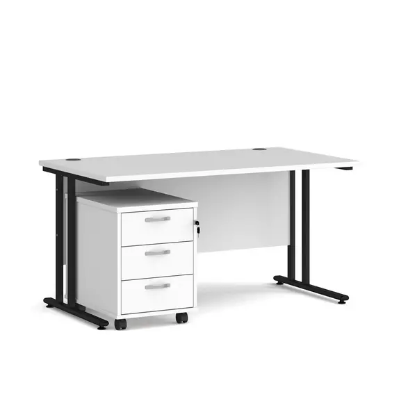 image of Maestro 25 Straight Desk Black Frame White Table Top and 3 Drawer Pedestal - 1400mm