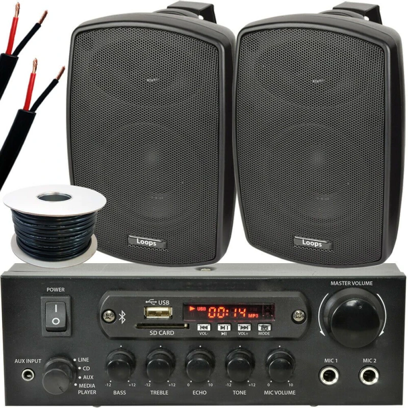 Image of Loops Outdoor Bluetooth Speaker Kit 2x 60W Black Stereo Amplifier Garden BBQ Parties Black unisex