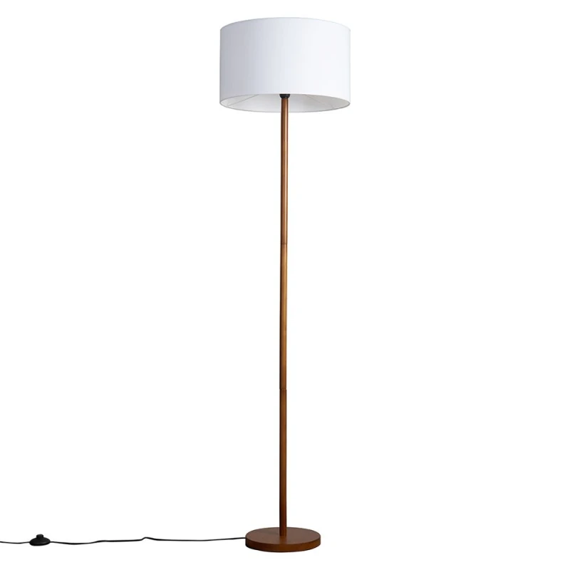Image of ValueLights Heather Dark Wood Floor Lamp with Fabric Drum Shade and LED Bulb Natural