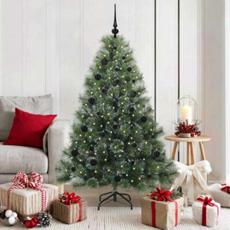 Image of vidaXL Artificial Christmas Tree with 150 LEDs and Black Balls Snow Flocked Green 150cm PE and PVC, Green 3397836