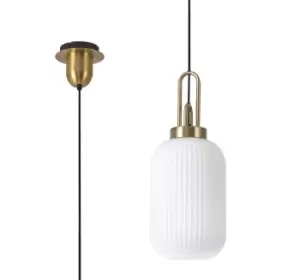 Image of 1 Light Pendant E27 With 20cm Tubular Ribbed Glass, Opal Brass Gold, Matt Black