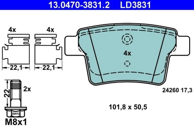 Image of ATE 13.0470-3831.2 Brake pad set excl. wear warning contact, with accessories, with brake caliper screws Brake Pad Set,disc brake (402)